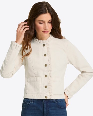 DRAPER JAMES Ruffle Denim Jacket in Magnolia White ~ women’s ruffled cotton jackets