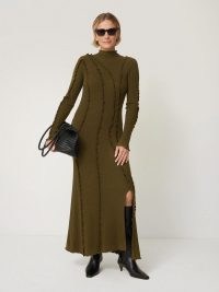 JIGSAW Ruffle Detail Knitted Dress in Khaki ~ chic long sleeve high neck ruffled maxi dresses