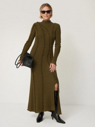 JIGSAW Ruffle Detail Knitted Dress in Khaki ~ chic long sleeve high neck ruffled maxi dresses