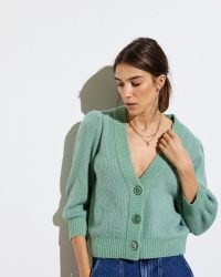 OLIVER BONAS Sage Green Puff Sleeve Sparkle V-Neck Cardigan ~ women’s V-neck button fastening cardigans