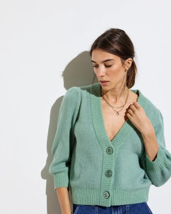 OLIVER BONAS Sage Green Puff Sleeve Sparkle V-Neck Cardigan ~ women’s V-neck button fastening cardigans