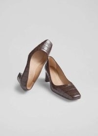 L.K. BENNETT Sally Chocolate Square Toe Courts ~ dark brown block heel croc effect leather court shoes