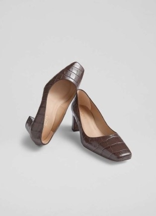 L.K. BENNETT Sally Chocolate Square Toe Courts ~ dark brown block heel croc effect leather court shoes