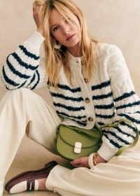 Sezane Sean Cardigan Ecru / Navy | women’s chic white and dark blue cable knit cardigans