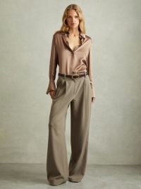 REISS Hailey Silk Shirt in Mink ~ silky light brown shirts with oversized cuffs