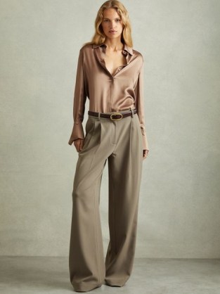 REISS Hailey Silk Shirt in Mink ~ silky light brown shirts with oversized cuffs