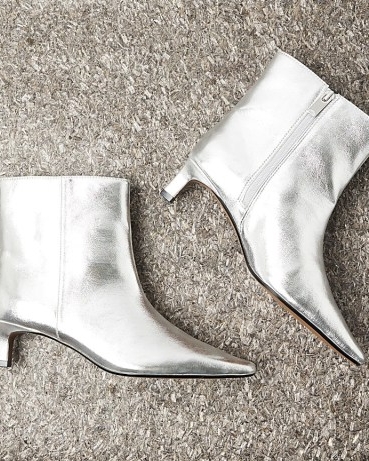 RIVER ISLAND Silver Kitten Heeled Ankle Boots ~ women’s luxe style metallic side zip boot