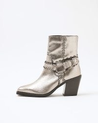 RIVER ISLAND Silver Leather Western Ankle Boot ~ womens metallic stitch detail boot