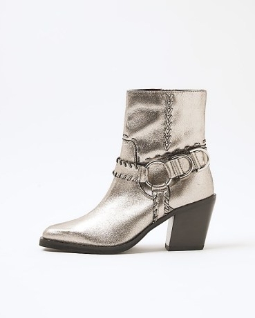 RIVER ISLAND Silver Leather Western Ankle Boot ~ womens metallic stitch detail boot