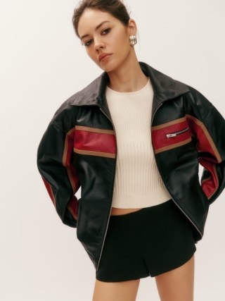 Reformation Veda Marco Leather Oversized Bomber in Sunset Stripe – women’s relaxed moto style jacket – cool luxe zip up jackets