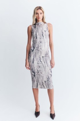 With Jean Syros Midi Dress in Musa – printed sleeveless high neck slim fit dresses