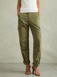 REISS Alessio Tapered Drawstring Cotton Combat Trousers in Khaki – women’s chic green cargo trouser