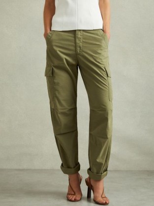 REISS Alessio Tapered Drawstring Cotton Combat Trousers in Khaki – women’s chic green cargo trouser