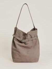 Reformation Alessandra Bucket Bag in Taupe Suede | large luxe shoulder bags | chic slouchy boho bags