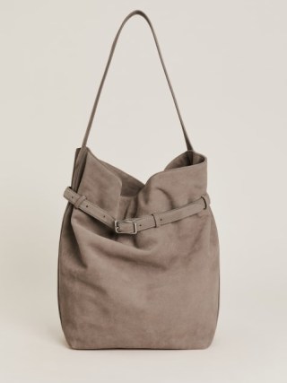 Reformation Alessandra Bucket Bag in Taupe Suede | large luxe shoulder bags | chic slouchy boho bags