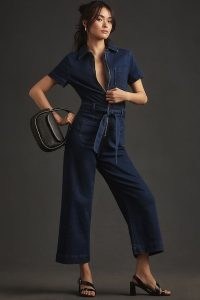 Maeve The Colette Weekend Dark Denim Jumpsuit ~ women’s blue tie waist zip up jumpsuits