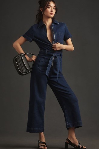 Maeve The Colette Weekend Dark Denim Jumpsuit ~ women’s blue tie waist zip up jumpsuits