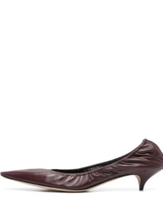 The Row Aubergine Purple Liisa Pumps ~ leather kitten heel courts with pointed toe and elasticated trim ~ chic low heeled court shoes