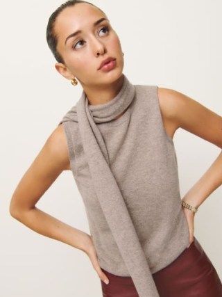 Reformation Elena Cashmere Scarf Tank in Toast | sustainable knitwear | luxe knitted tanks | women’s luxurious sleeveless sweater