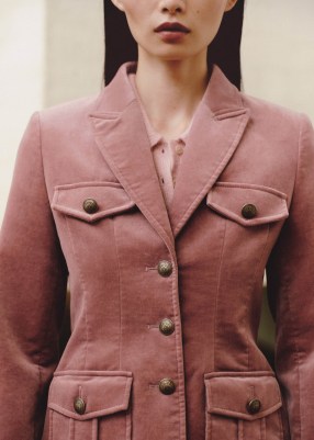 me and em Velvet Jacket in smoke pink ~ women’s luxury pocket detail single breasted jackets