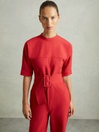 REISS June Wide Leg Belted Jumpsuit in Red ~ retro inspired jumpsuits