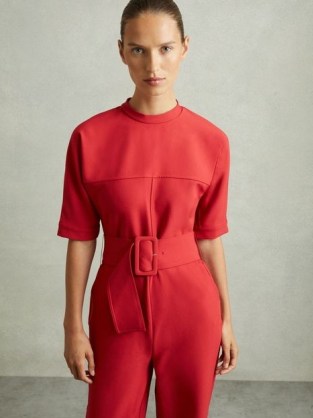 REISS June Wide Leg Belted Jumpsuit in Red ~ retro inspired jumpsuits