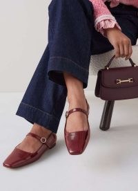 L.K. BENNETT Willow Bordeaux Mary Jane Flats ~ dark red patent Mary Janes ~ chic autumn flat shoes for 2024