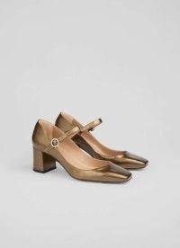 L.K. BENNETT Winter Dark Gold Mary Jane Block Heel ~ bronze metallic leather block heel Mary Janes