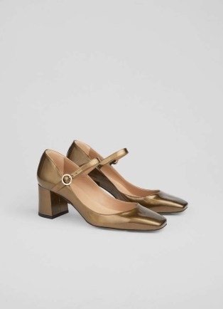 L.K. BENNETT Winter Dark Gold Mary Jane Block Heel ~ bronze metallic leather block heel Mary Janes