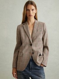 REISS Dora Wool Blend Checked Single Breasted Blazer Natural Check – women’s chic printed blazers