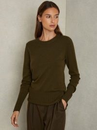 reiss Annie Wool Blend Crew Neck Jumper with Cashmere in Khaki ~ womens green luxury style jumpers