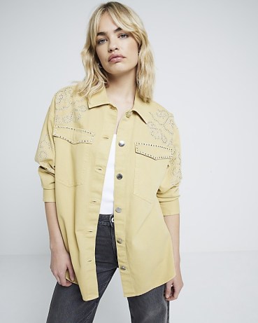 RIVER ISLAND Yellow studded oversized shirt – women’s stud embellished shirts