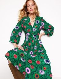 Boden Zoe Trim Detail Midi Dress Rich Emerald, Meadow Vine ~ green floral bohemian style dresses ~ women’s boho fashion