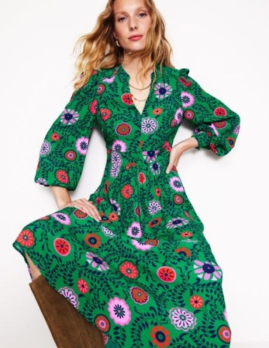 Boden Zoe Trim Detail Midi Dress Rich Emerald, Meadow Vine ~ green floral bohemian style dresses ~ women’s boho fashion