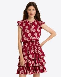 DRAPER JAMES Alana Tiered Dress in Lurex Crepe Red Magnolia Shadows / floral dresses with flutter sleeves and layered skirt