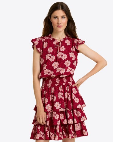 DRAPER JAMES Alana Tiered Dress in Lurex Crepe Red Magnolia Shadows / floral dresses with flutter sleeves and layered skirt