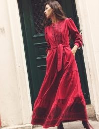 Boden Alba Cord Maxi Dress in Cherry Jam, Embroidered – women’s red bohemian vintage inspired dresses – womens corduroy boho fashion