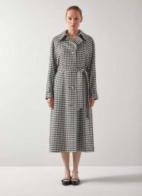 L.K. BENNETT Alexa Black & Cream Gingham Virgin Wool Trench / chic checked longline collared coats / belted tie waist