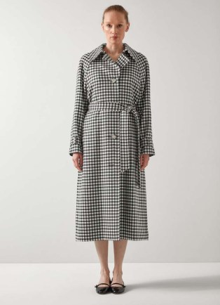 L.K. BENNETT Alexa Black & Cream Gingham Virgin Wool Trench / chic checked longline collared coats / belted tie waist