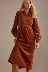 ALIGNE Gabriella Corduroy Midi Dress in Cedar – women’s brown cord collared dresses – 70s vintage style fashion