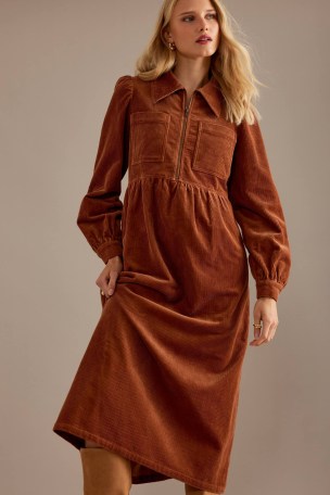 ALIGNE Gabriella Corduroy Midi Dress in Cedar – women’s brown cord collared dresses – 70s vintage style fashion