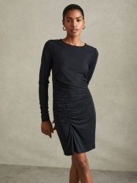 Allie Ruched Jersey Mini Dress in Charcoal – dark grey long sleeve evening dresses with gathered details – chic date night clothing