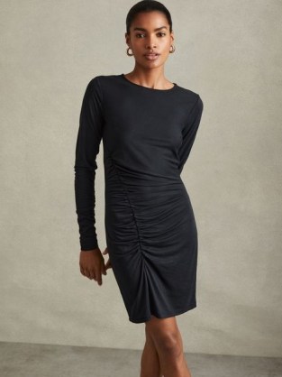 Allie Ruched Jersey Mini Dress in Charcoal – dark grey long sleeve evening dresses with gathered details – chic date night clothing