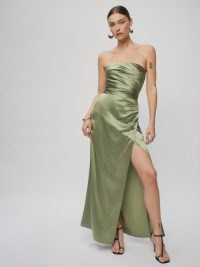 Reformation Barrow Silk Dress Artichoke ~ silky green strapless fitted bodice maxi dresses ~ glamorous evening occasion clothes ~ glam party fashion ~ event glamour