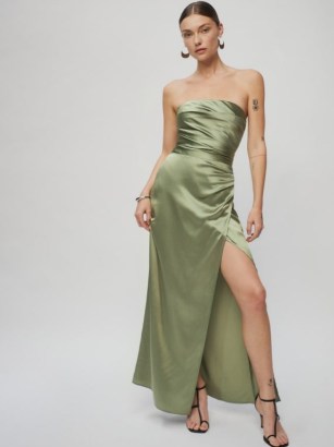 Reformation Barrow Silk Dress Artichoke ~ silky green strapless fitted bodice maxi dresses ~ glamorous evening occasion clothes ~ glam party fashion ~ event glamour