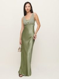 Reformation Lune Dress in Artichoke ~ sleeveless silky green maxi dresses ~ elegant occasion fashion ~ luxe event clothing