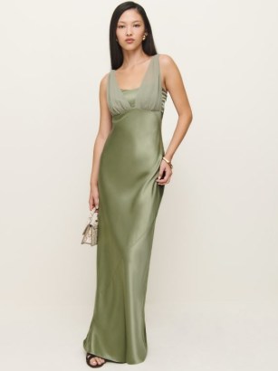 Reformation Lune Dress in Artichoke ~ sleeveless silky green maxi dresses ~ elegant occasion fashion ~ luxe event clothing