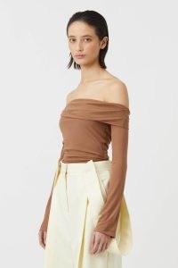 CAMILLA AND MARC Asta Off-the-shoulder Top in Light Toffee Brown ~ long sleeve sheer mesh bardot tops