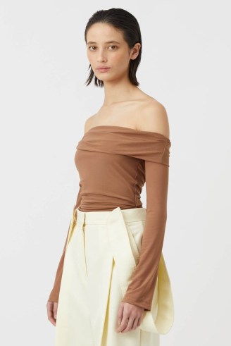 CAMILLA AND MARC Asta Off-the-shoulder Top in Light Toffee Brown ~ long sleeve sheer mesh bardot tops