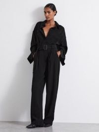 REISS Atelier Rochelle Belted Crepe Jumpsuit in Black ~ chic collared jumpsuits ~ utility style clothing